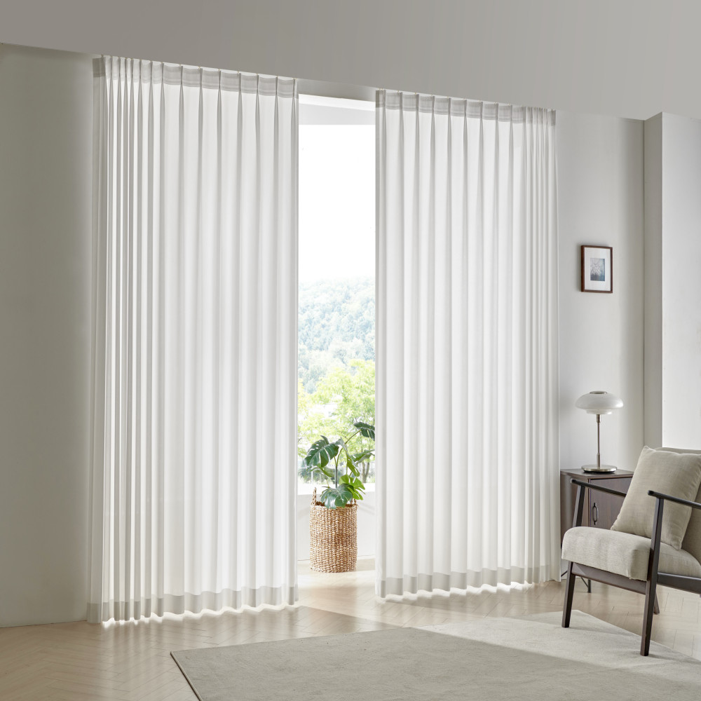 밀크 비침 쉬폰 스팀열처리 물결주름 형상가공 커튼 (레일포함 세트)
